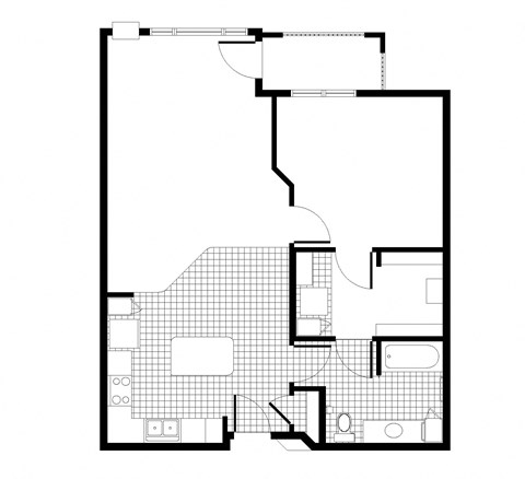 Floor plan for 1 bed, 1 bath, 896 sqft